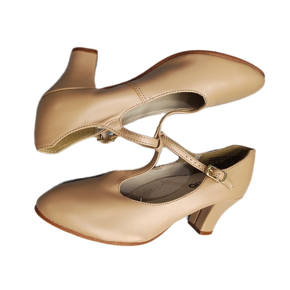 Capezio T-Strap Dance Shoes Womens US Size 6.5M Tan Leather Sole Buckle Strap